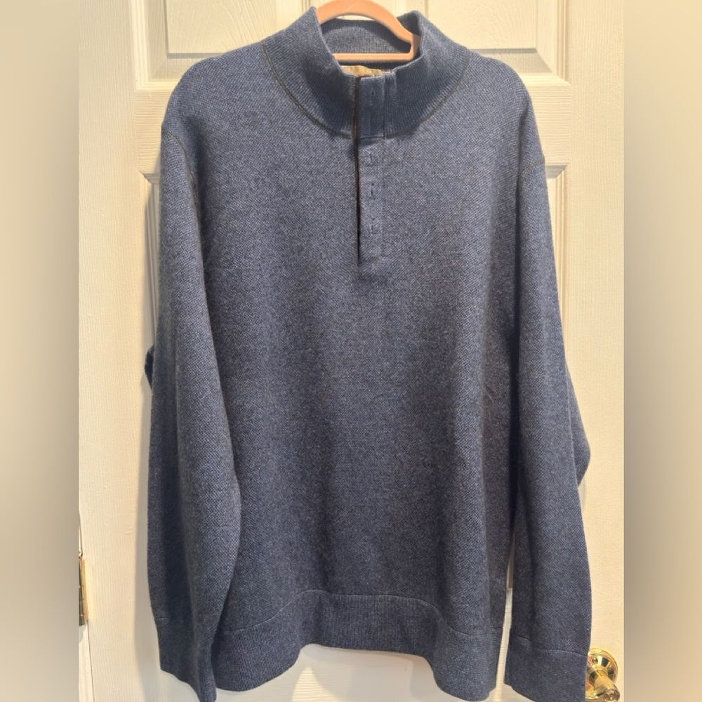 Raffi Men's Blue mock neck  quarter zip Sweater with button placket